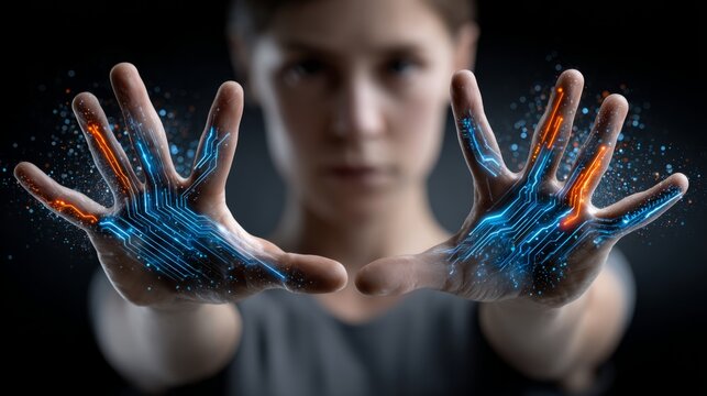 Hands display digital circuits, showcasing the fusion of technology and humanity through gestures