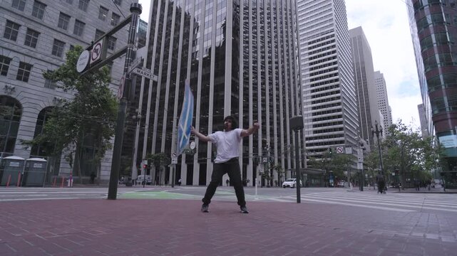 Man Spinning Painted Board And Doing Awesome tricks In San Francisco - Low Angle