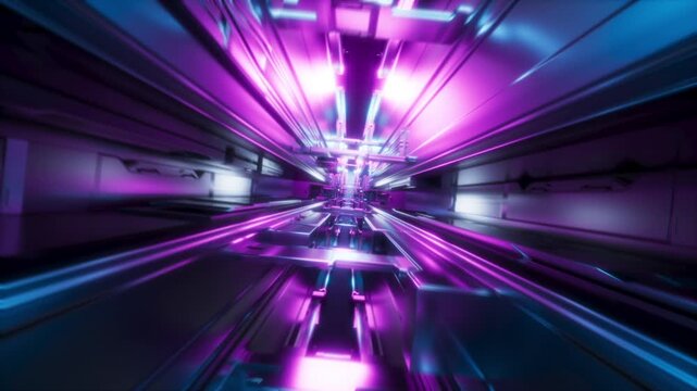 Magenta and cyan cyber tunnel pulses as the camera races toward a radiant core, looping smoothly for vibrant sci‑fi backgrounds. 3d render video.