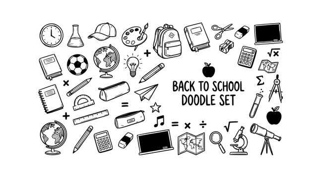 Collection of back to school doodle elements like globe, books, backpack, calculator, microscope, soccer ball, apple and notebook on transparent background.