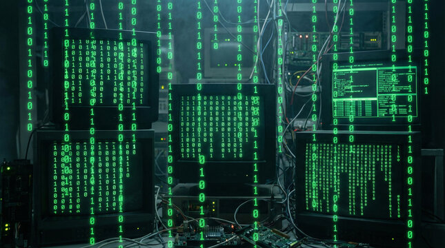 Binary Code Rain Digital Matrix Green Black Programming. Streaming binary numbers cascading down dark screen, bright green on black, cyberpunk hacker movie aesthetic, no people