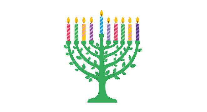 Creative Hanukkah menorah candelabrum designed as a beautiful green leafy tree holding nine colorful candles.