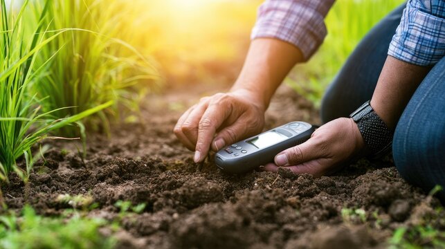 Farmer Measuring Soil Quality with Digital Sensor in Sustainable Agricultural Field