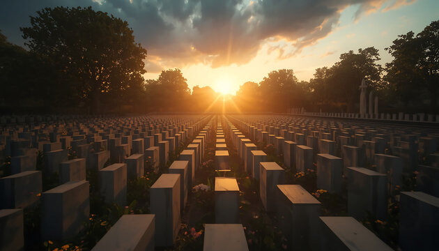 Cemetery monuments stand in neat rows under a golden sunrise that illuminates the solemn morning air.