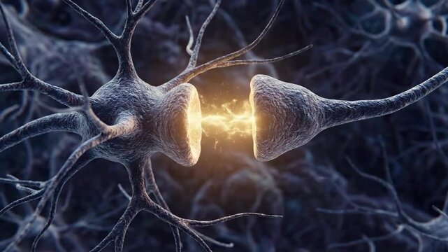 Neuron transmitting electrical impulse across synapse, neural signal communication, dynamic thought process visualization, cognitive function, biochemical hormone release, nervous system activity.