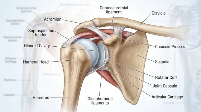 Detailed anatomy of a human shoulder joint with labeled parts