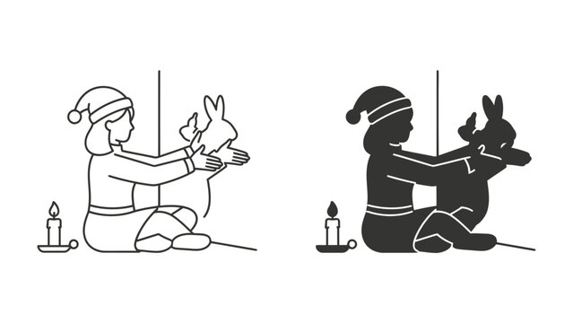Shadow Puppet Show: A child wearing a festive hat sits by candlelight, creating a whimsical shadow puppet display of a rabbit and a deer on a vertical surface.