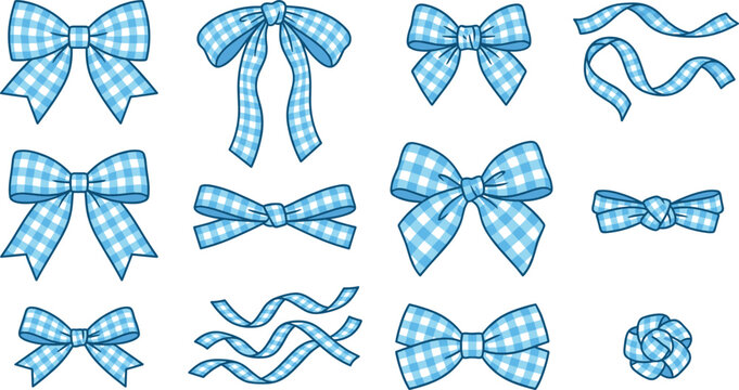 Blue Gingham Ribbon Bow Vector Set Featuring Plaid Pattern Checkered Bows Coiled Streamers and Knots for Gift Wrapping and Craft Designs