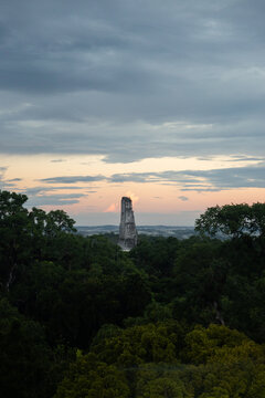 Ancient Maya Temple V rising above jungle canopy at twilight in Tikal