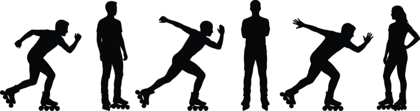 Black silhouettes of people rollerblading in different poses