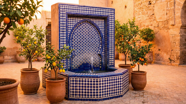 Moroccan Riad Courtyard with Mosaic Fountain. Traditional zellige tile fountain in cobalt blue and white surrounded by potted citrus trees in warm sunset glow