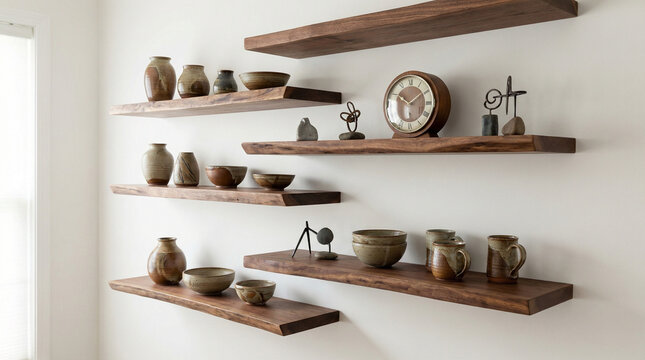Floating Wooden Shelves with Curated Objects. Asymmetric walnut floating shelves displaying artisan ceramics vintage clock and small sculptures against white wall