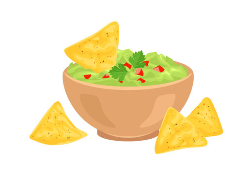 Guacamole in bowl with nachos chips, isolated vector illustration. Mexican appetizer design element.