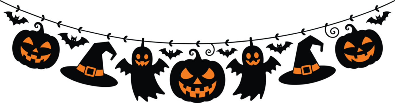 Halloween garland with pumpkins, ghosts, witch hats, and bats on string
