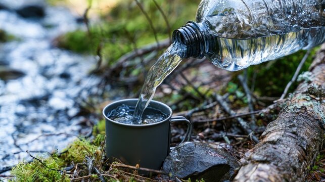 Pouring Fresh Drinking Water from Plastic Bottle into Metal Camping Mug in Forest Nature Setting