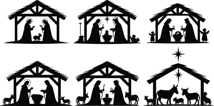 Set of six nativity scene silhouettes with holy family and stable architecture on white