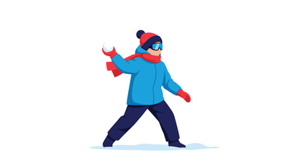 Fototapeta premium Active young boy in warm winter jacket, red scarf, and ski goggles getting ready to throw a white snowball in the snow.