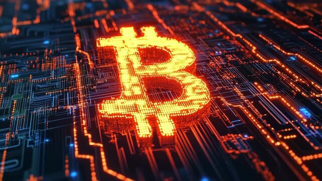 Glowing bitcoin symbol on digital circuit board, cryptocurrency mining technology, blockchain finance future, crypto trading.