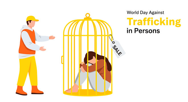 World Day Against Trafficking in Persons concept with woman trapped in cage with sale tag and man reaching out to help