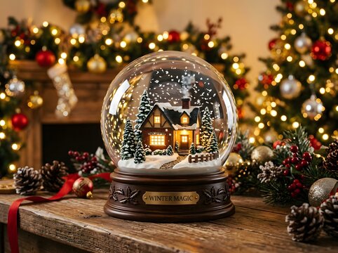 Festive christmas snow globe with winter house scene on wooden table, christmas