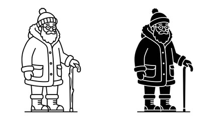 Winter Man Portrait: A kindly old man, dressed warmly in winter attire and holding a walking stick, stands stoically, depicted in both line art and silhouette for contrast and versatility. © Asma