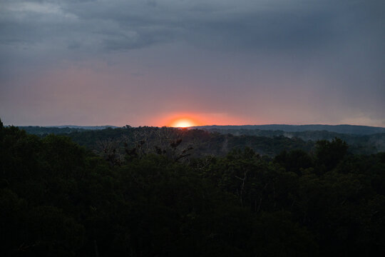 Dramatic sunset over endless rainforest canopy in Tikal National Park