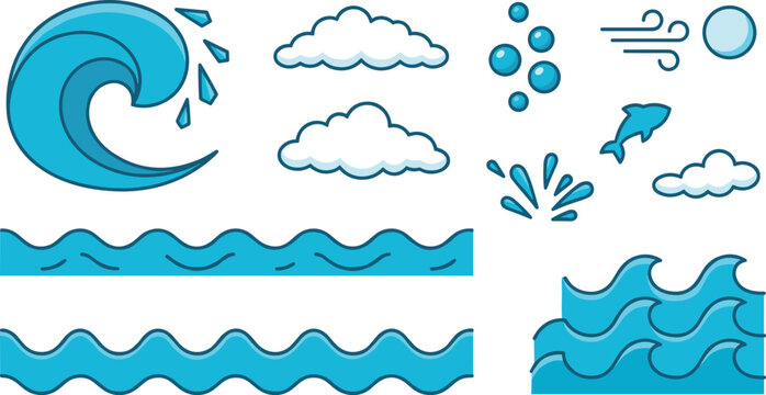 Cartoon ocean water and weather vector icon set featuring sea wave borders curling tidal crest splash drops bubbles clouds dolphin and wind blowing.