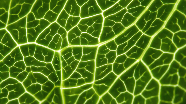 Abstract Leaf Vein Network Macro Green Pattern. Extreme magnification of leaf vein structure creating organic network pattern, backlit translucent green