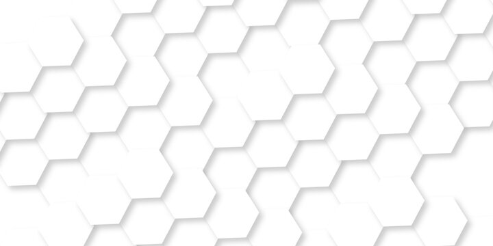 White hexagon grid presentation surface mosaic tiles. minimal tech bee website science element. white hexagon futuristic technology geometric texture background.