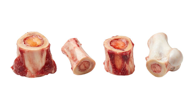 Raw beef marrow bones cut into sections for broth preparation PNG on white background with PNG on white background