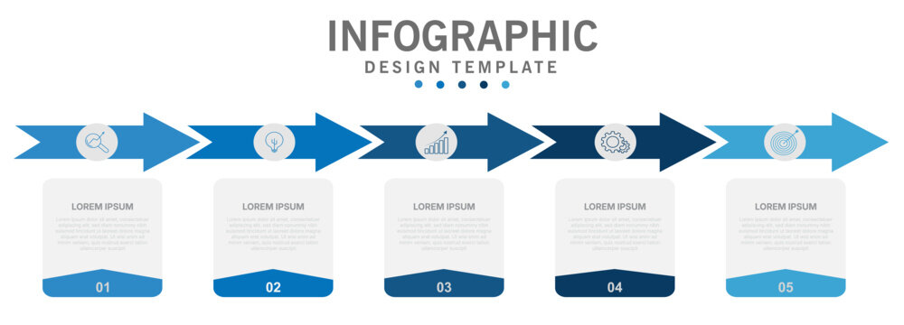 Modern infographic design template with five step arrow timeline layout for business presentation workflow process