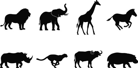 Fototapeta premium African safari animal silhouettes set featuring lion elephant giraffe zebra rhino cheetah buffalo and hippo isolated on white background