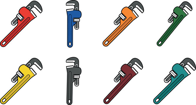 Colorful adjustable pipe wrench plumbing hand tools vector icon set collection isolated on white background
