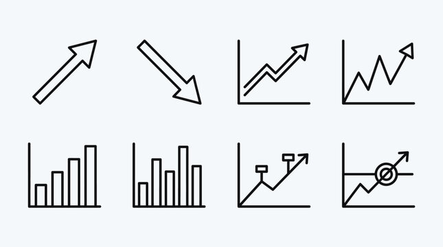 Set of black line icons representing various financial charts and business growth trends.