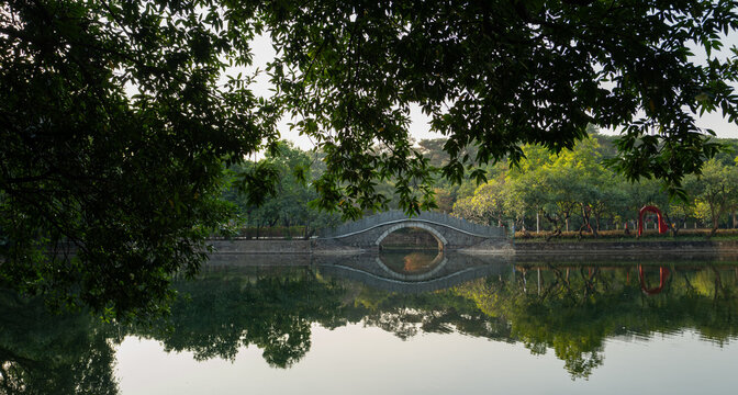 Footbridge Over Lake in a Park During the Morning