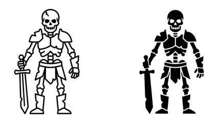 Fototapeta premium Skeleton Warrior Icons: A stark depiction of a skeleton warrior, armored and wielding a sword, presented in both outlined and silhouette forms.