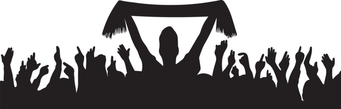 Happy cheering Crowd of people silhouette cheering group football fans raising hands sport event