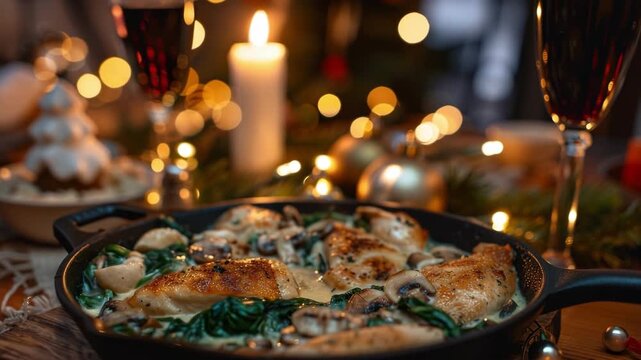 Roasted chicken with creamy spinach sauce in cast iron skillet on candlelit Christmas table, festive homemade dinner delight.