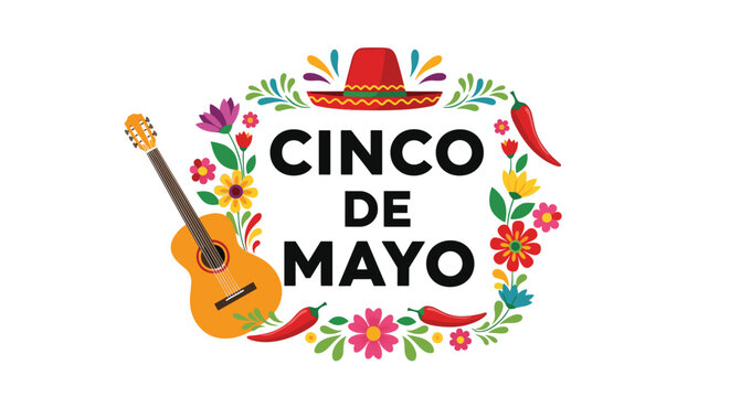 Colorful Cinco de Mayo festive banner frame decorated with guitar, sombrero hat, red chili peppers, and flowers.