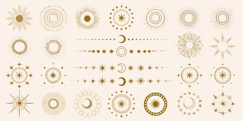 celestial gold dividers and circular frames featuring stars moons vector illustration pattern ornament astronomy cosmic design graphic art decoration symbol icon © Ramendranath