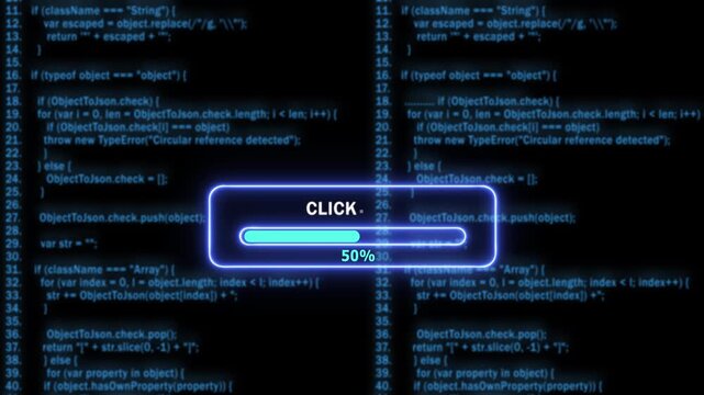 Dynamic digital progress bar loading interface overlaid on scrolling blue software source code background, for modern technology, presentations, cyber security, concepts, and advanced, web development