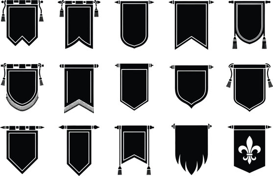 Collection of medieval banners and flags black silhouettes on transparent background stylized heraldic symbols pennants.