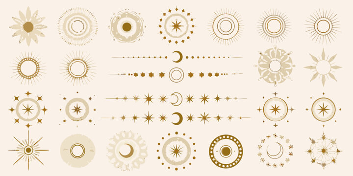 celestial gold dividers and circular frames featuring stars moons vector illustration pattern ornament astronomy cosmic design graphic art decoration symbol icon