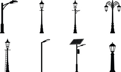 Obraz premium Street Light Pole Vector Collection with Vintage and Modern Lamp Post Silhouettes for Urban Design