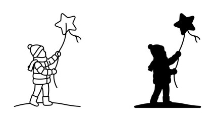 Child with Star Balloon: A child in winter clothing holding a star-shaped balloon, depicted in both outline and silhouette form, stands on snowy ground. © harunar