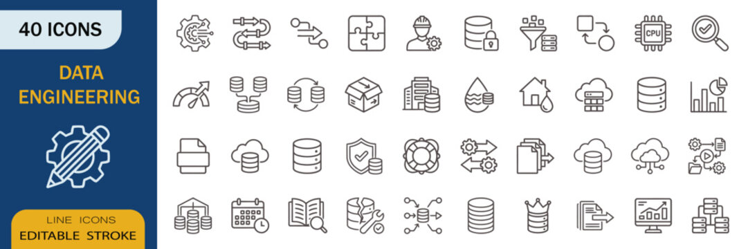 Data Engineering icon set in line style. Database, analytics, cloud, storage, processing, workflow, collection. Editable stroke. Vector illustration.