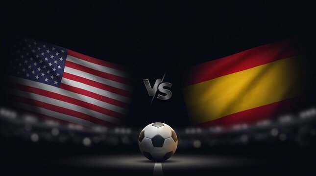 American and Spanish soccer teams compete, United States vs Spain flags with ball