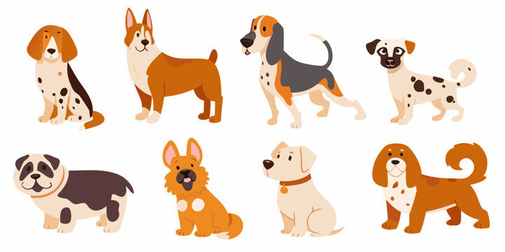 cute cartoon dog breeds collection in flat vector style dogs illustration canine puppy beagle dalmatian german shepherd bulldog collie art animal
