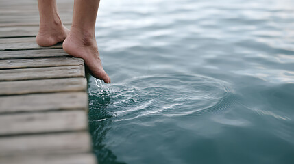 Fototapeta premium Barefoot person on wooden dock dip foot in cool lake or sea water, create ripples, evoking relaxation and summer refreshment