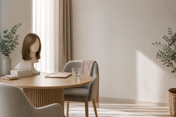 Fototapeta premium A minimalist interior scene featuring a mannequin head, a round wooden table with a glass of water, and comfortable chairs in a bright room.